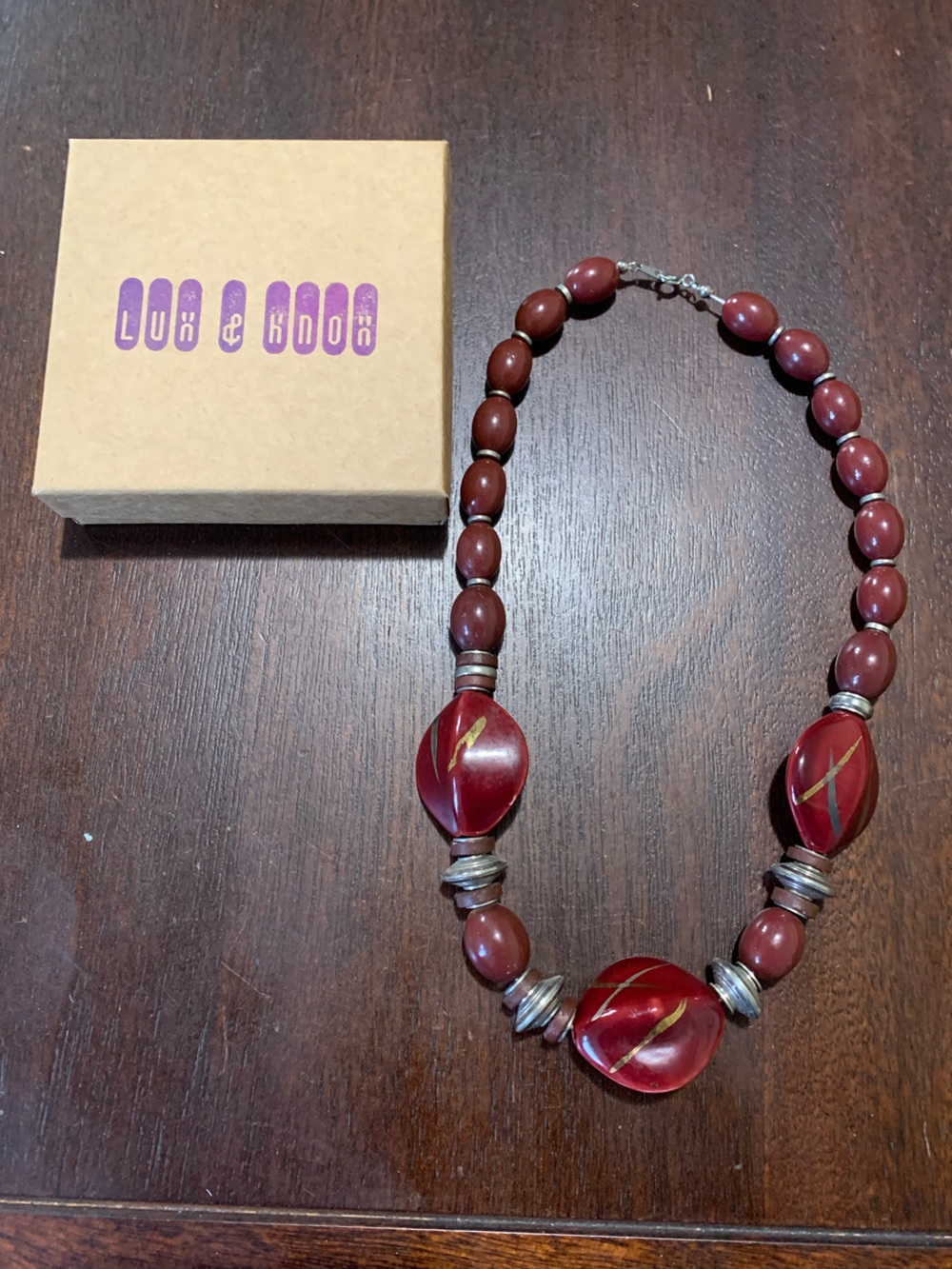 Red Beaded Statement Necklace with Gold Accent Detailing